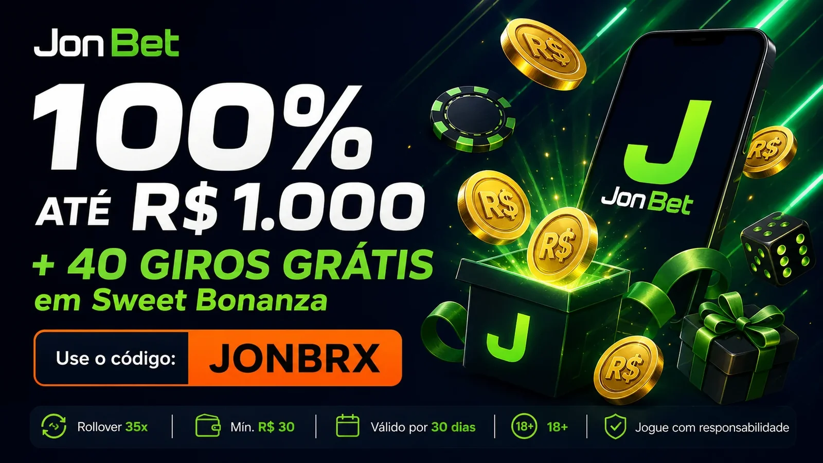 Banner do bônus de boas-vindas da JonBet com 100% até R$1.000 e 40 rodadas grátis destacado em verde neon
