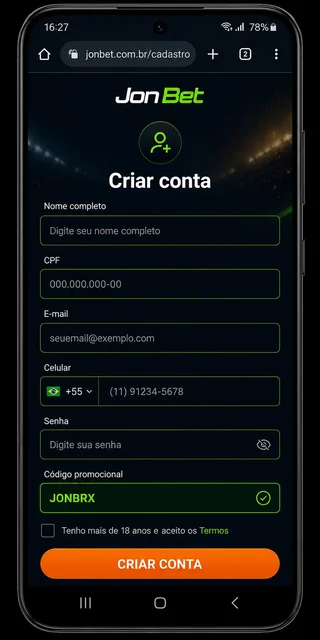 Formulário de cadastro da JonBet no celular com o campo Código promocional destacado e o código JONBRX preenchido