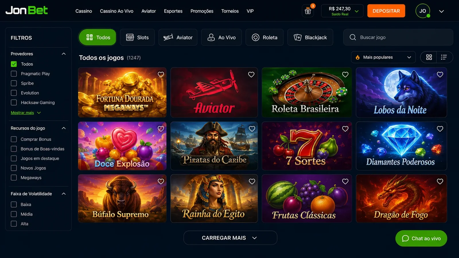 Lobby do cassino da JonBet mostrando categorias de slots, jogos ao vivo e crash games em layout escuro com destaques verde neon
