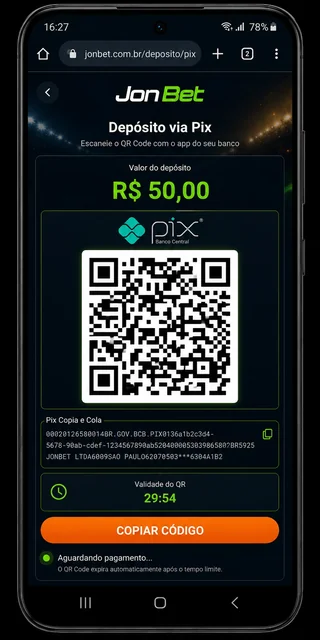 Tela de depósito Pix da JonBet com QR Code gerado e código copia-e-cola para pagamento