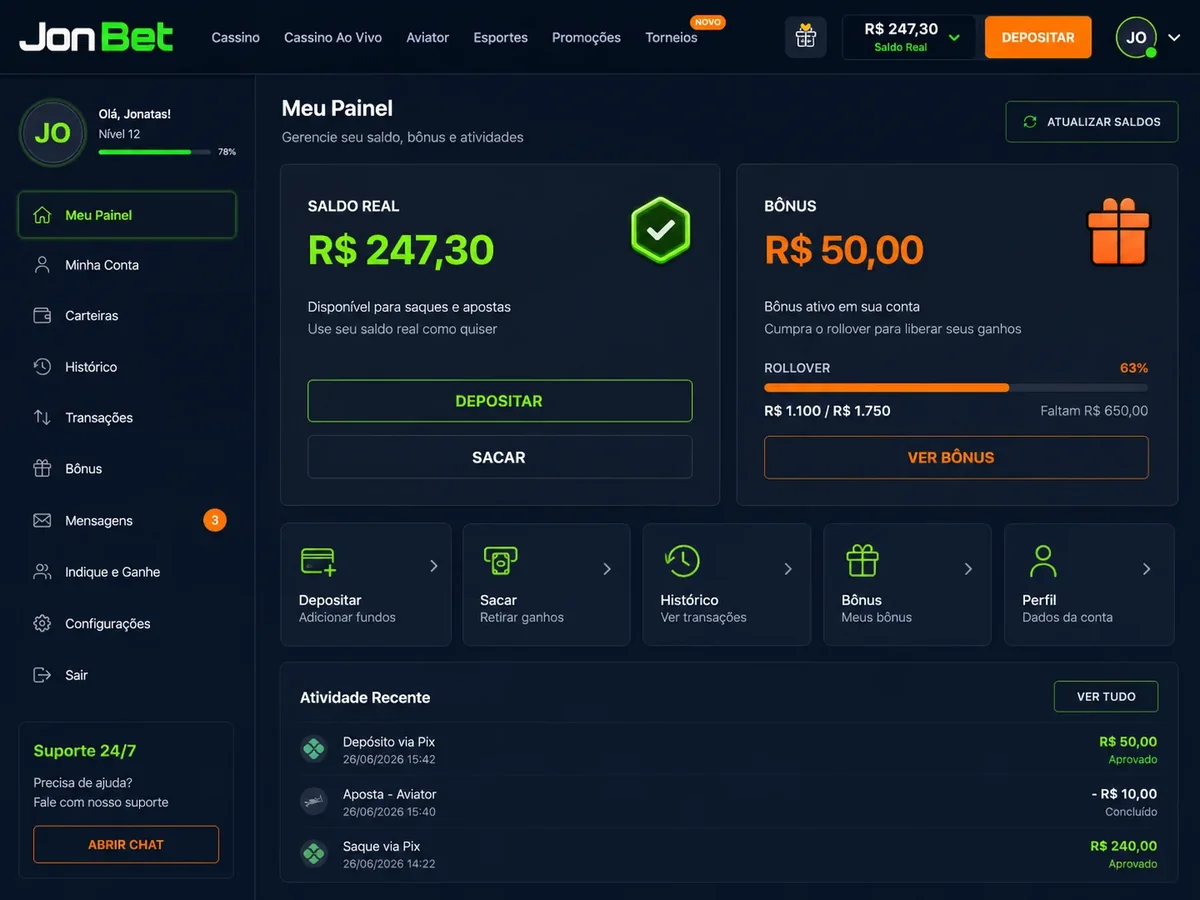 Painel da JonBet logo após cadastro com banner verde de conta ativada
