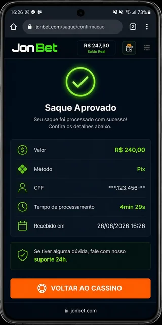 E-mail de confirmação de saque Pix aprovado na JonBet com horário 16h26