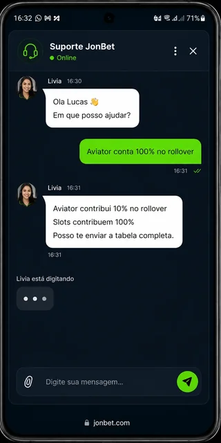 Tela do chat de suporte 24/7 da JonBet em português com mensagem da atendente Lívia respondendo sobre rollover
