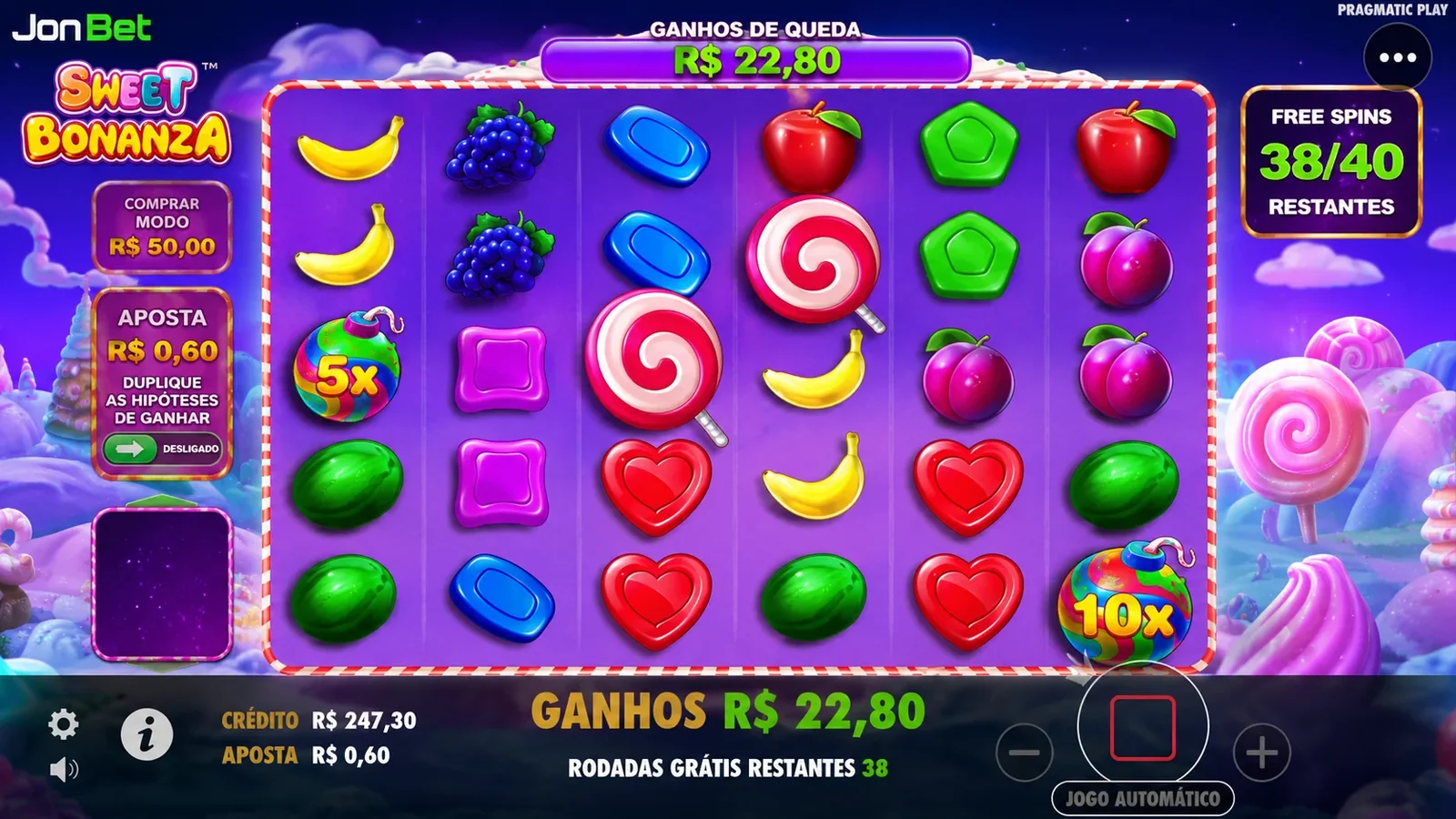 Sweet Bonanza em modo Free Spins com contador 38 de 40 rodadas restantes e ganhos de R$22,80